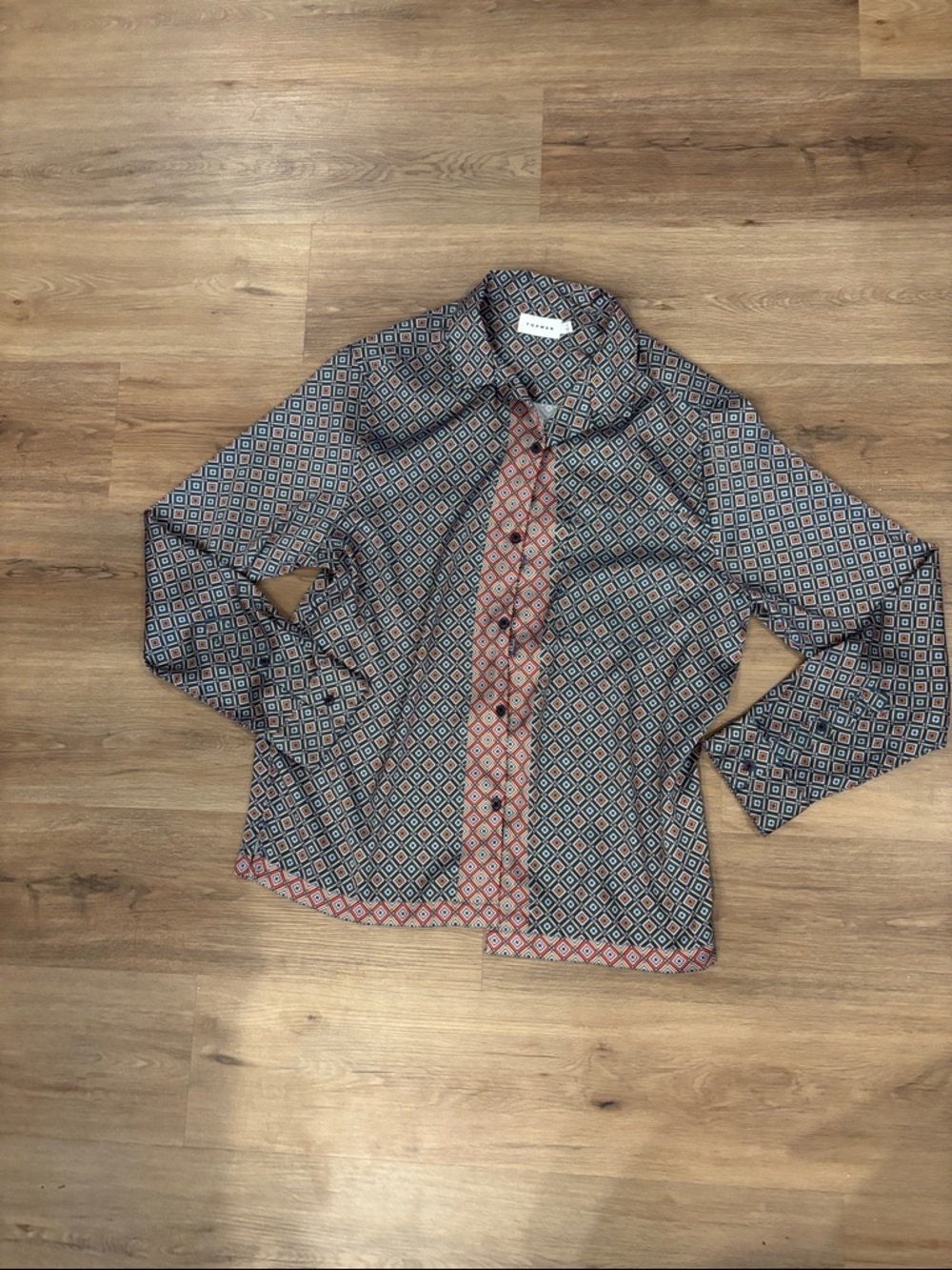 Men’s Geometric Print Button-Down Shirt - Blue/Tan Accents